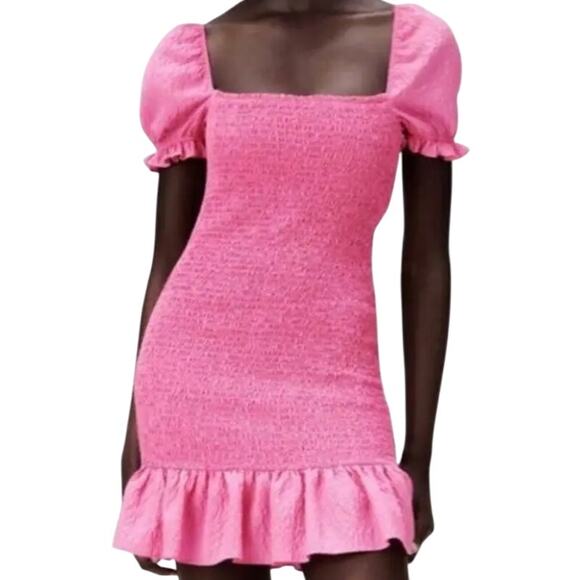 Zara XS NEW Sink Elastic Smocked Fabric Mini Dress Puff Sleeves Flounced Hem - Picture 1 of 10